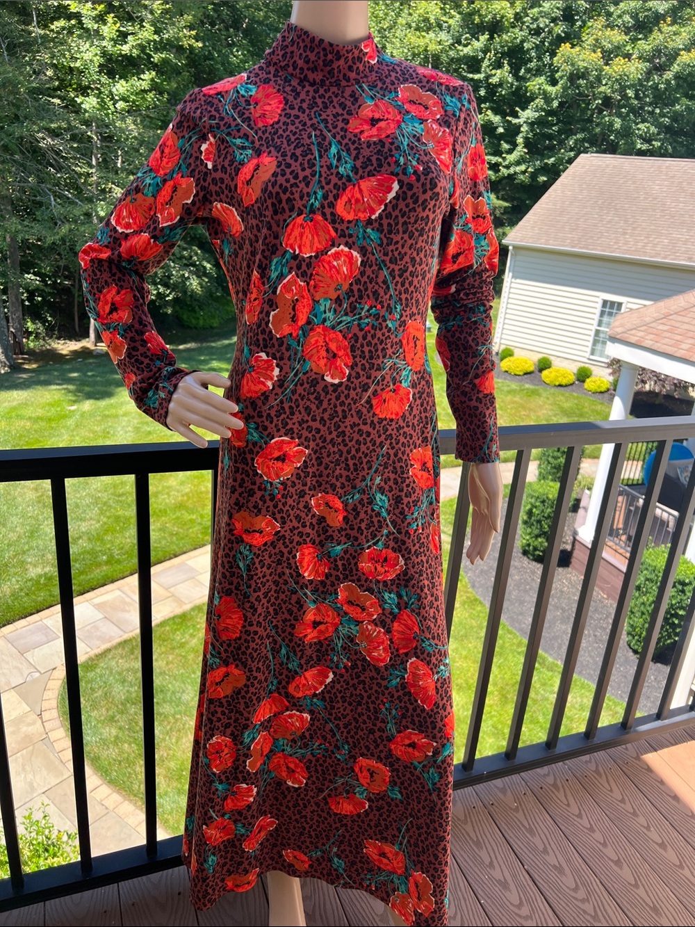 Free People Red Floral Long Sleeve Midi Dress with Green Accents